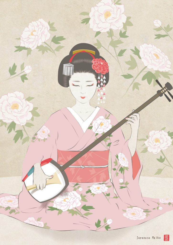 三味線を弾く舞妓さん　牡丹模様の着物　着物　日本舞踊　maiko 絵画　イラスト　アート　art  Tetsuya Kawakami