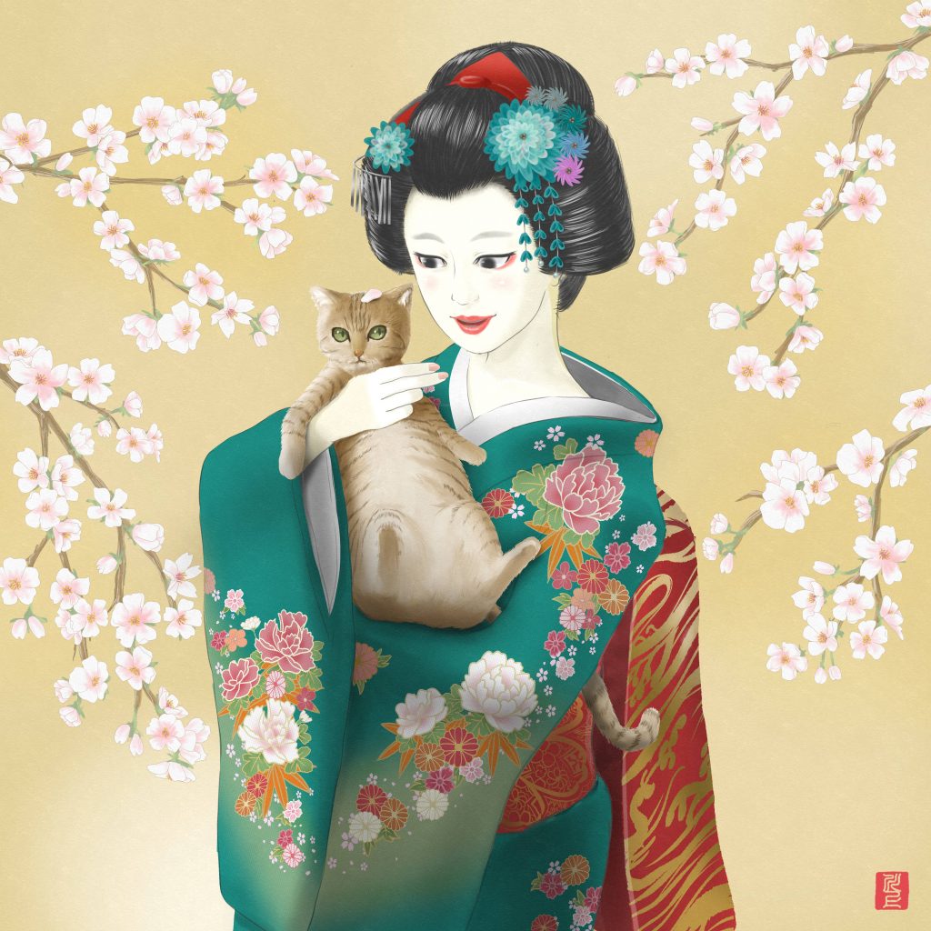 "Spring in Japan, Maiko and Cats". 日本の春、舞妓と猫 Japanese Maiko Art Kawakami Tetsuya