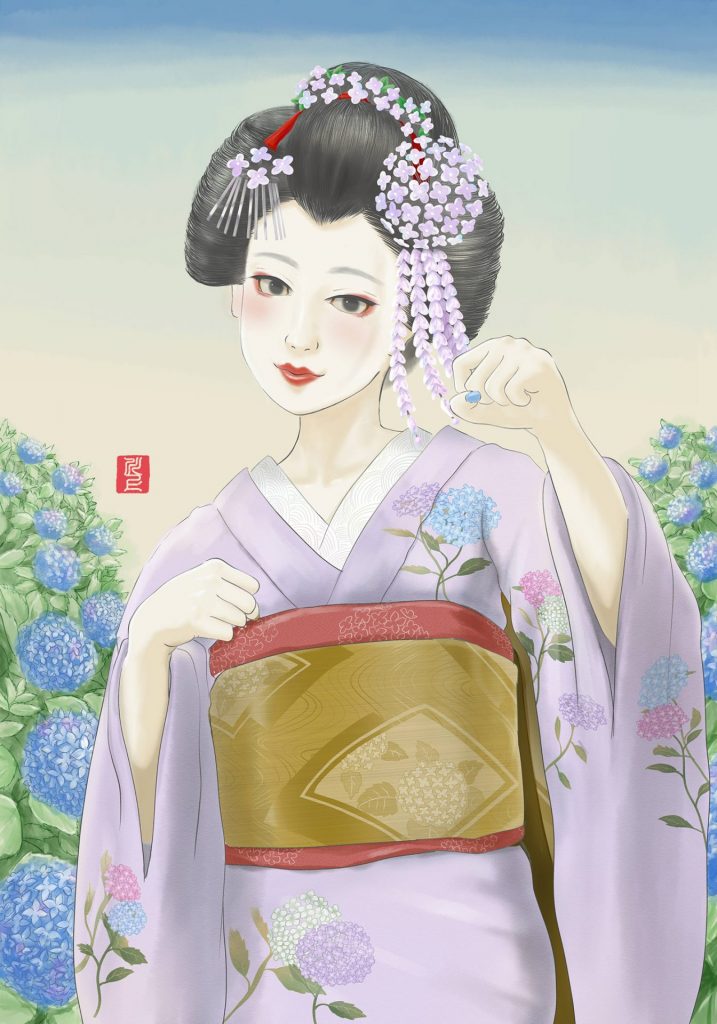 Hydrangea and Maiko「紫陽花と舞妓さん」　Japanese Maiko Art Kawakami Tetsuya