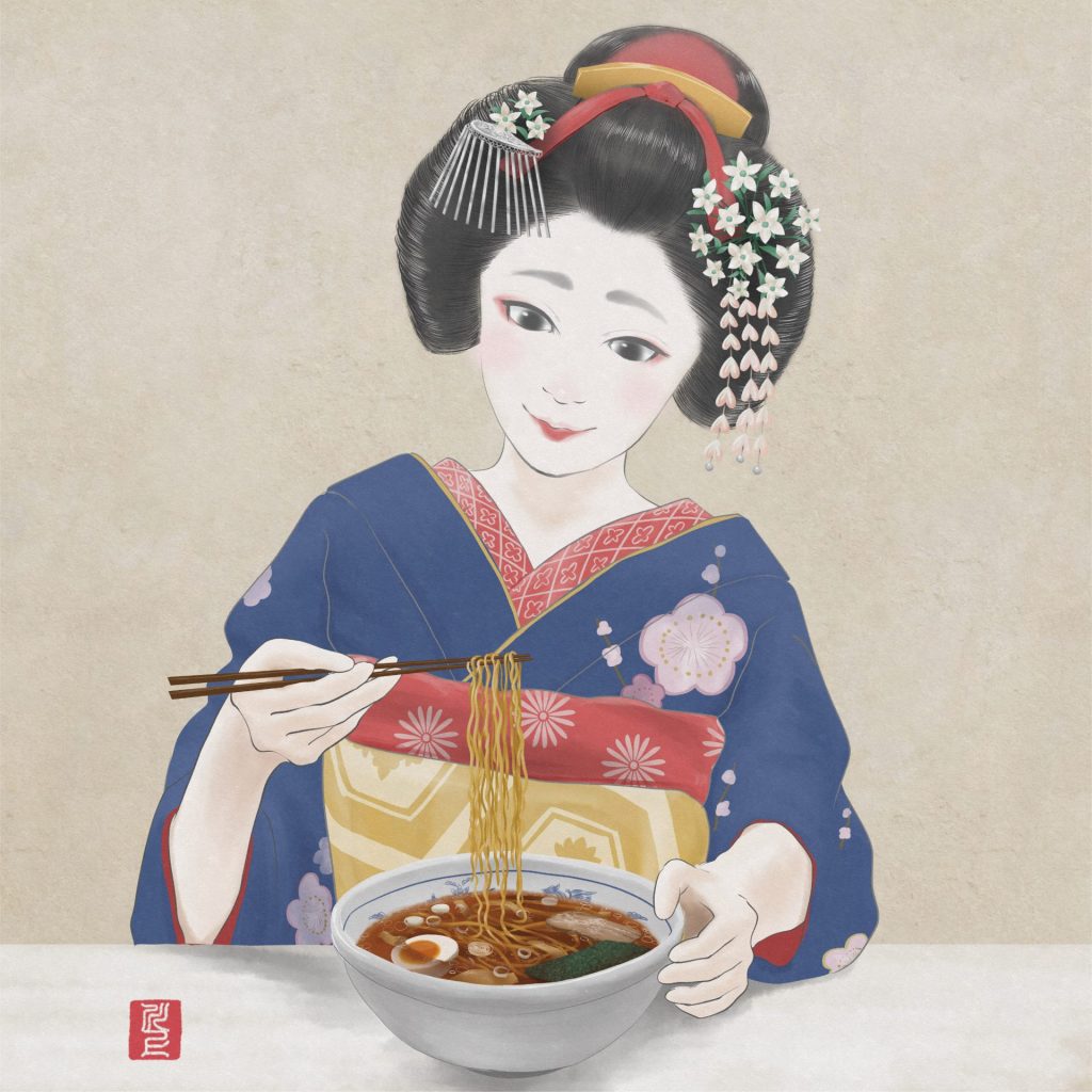 ラーメンを食べる舞妓さん  Maiko eating ramen Japanese Maiko Art Kawakami Tetsuya