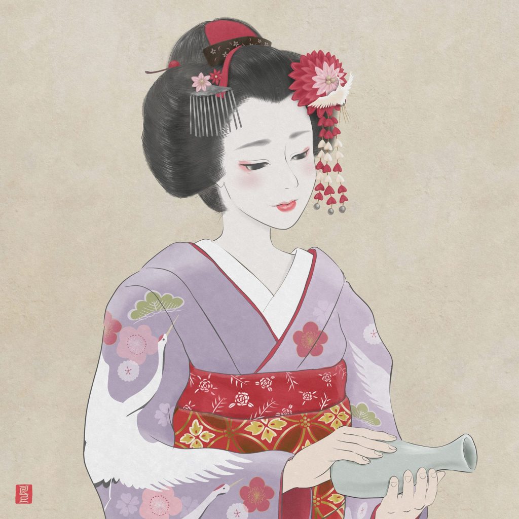 お酒を注ぐ舞妓さん　Maiko pouring sake     Japanese Maiko Art Kawakami Tetsuya