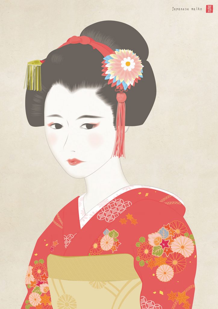 Maiko in a red kimono　赤い着物を着た舞妓　舞妓　芸妓　着物　日本舞踊　maiko 絵画　イラスト　アート　art  Tetsuya Kawakami