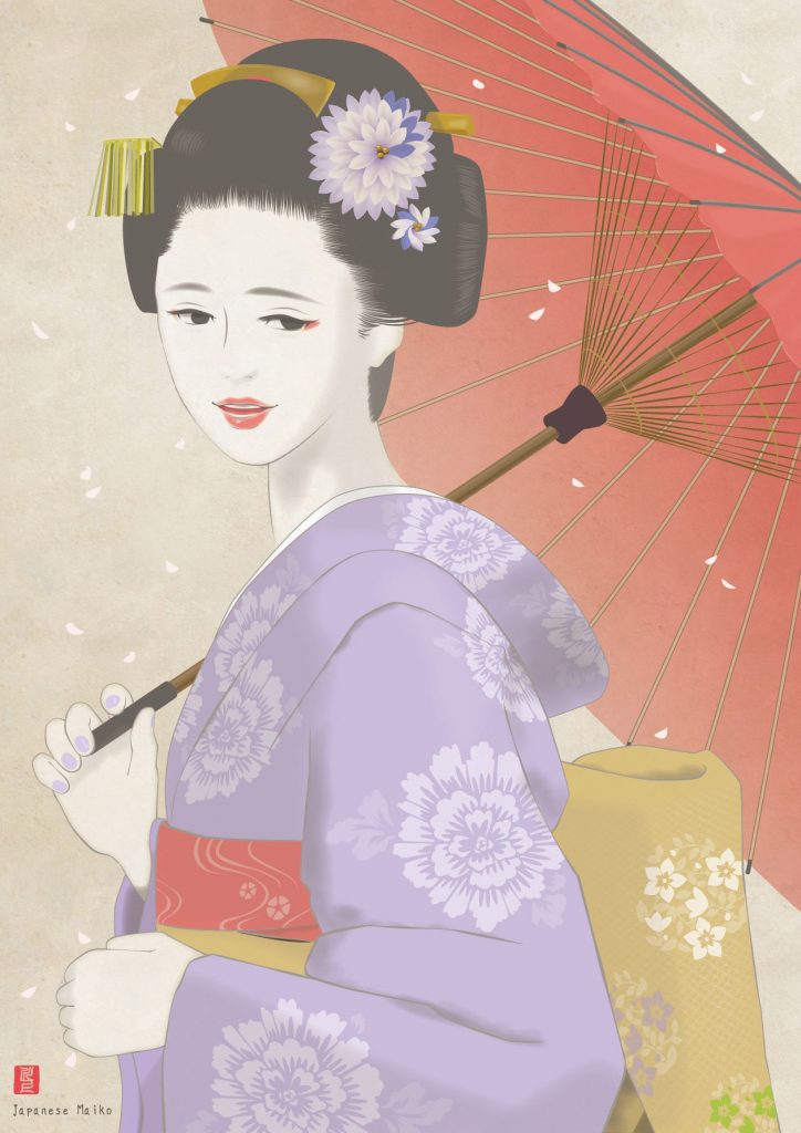 傘をさす舞妓　maiko   紫の着物　舞妓　芸妓　着物　日本舞踊　maiko 絵画　イラスト　アート　art  Tetsuya Kawakami