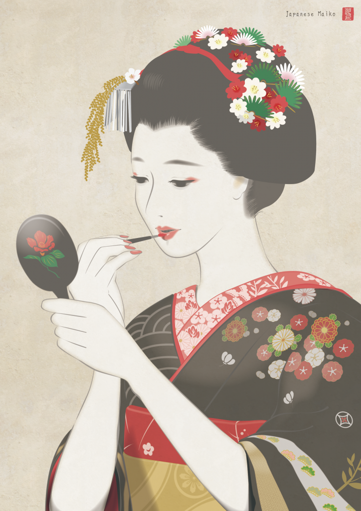 化粧をする舞妓さん　maiko 　黒の着物　舞妓　芸妓　着物　日本舞踊　maiko 絵画　イラスト　アート　art  Tetsuya Kawakami