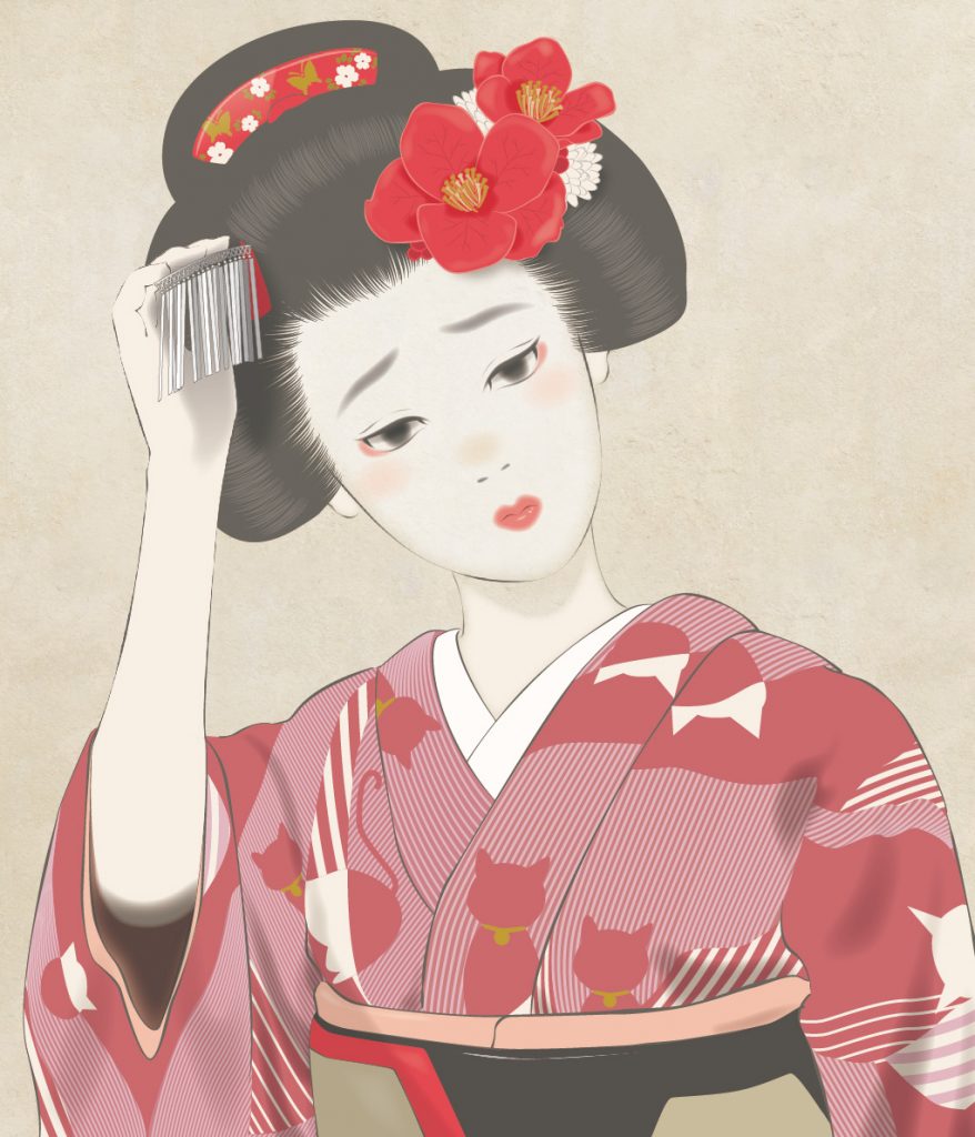 猫の着物　舞妓さん　簪　maiko cat kimono tetsuyakawakami  困った顔