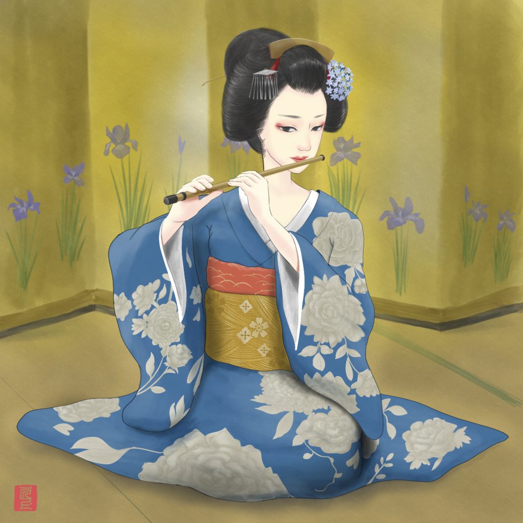 Iris and a whistle-blowing maiko   「菖蒲と、笛を吹く舞妓」Japanese Maiko Art Kawakami Tetsuya